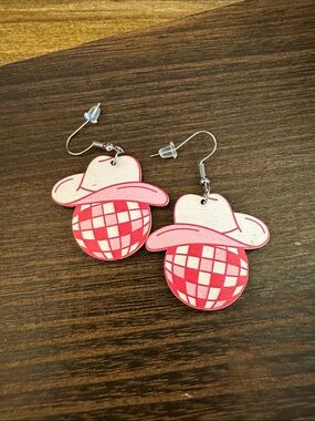 Pink Cowboy Hat Disco Ball Dangle Earrings Wooden